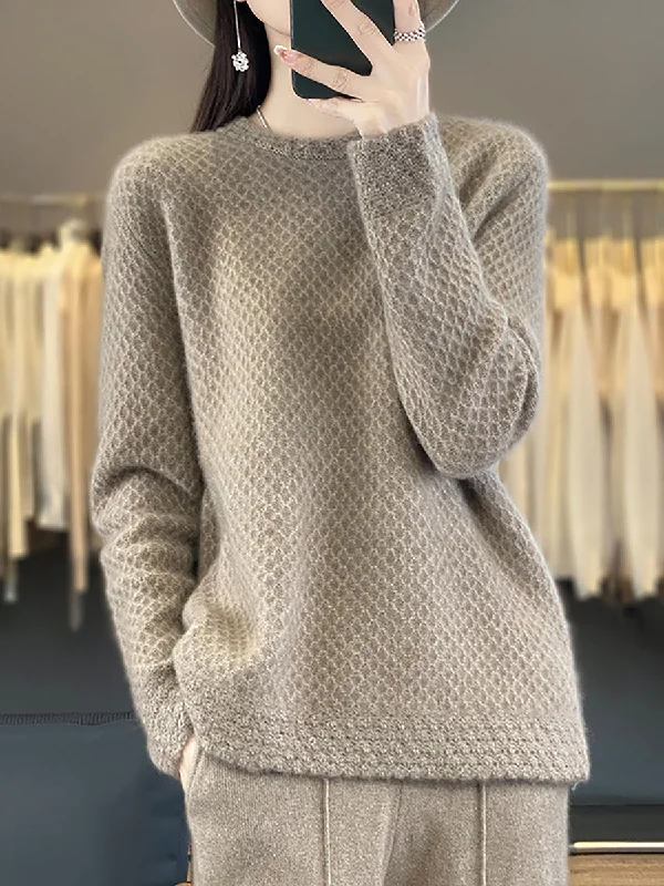 Women Winter Wool Crochet O-Neck SweaterArtist Knit Tops