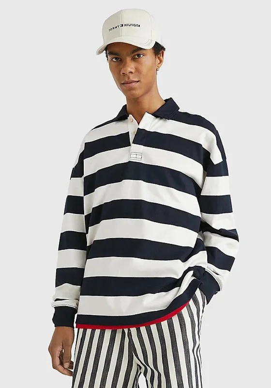 Patched polo shirtTommy Hilfiger Blocked Stripe Rugby Polo Shirt, Ecru & Desert Sky