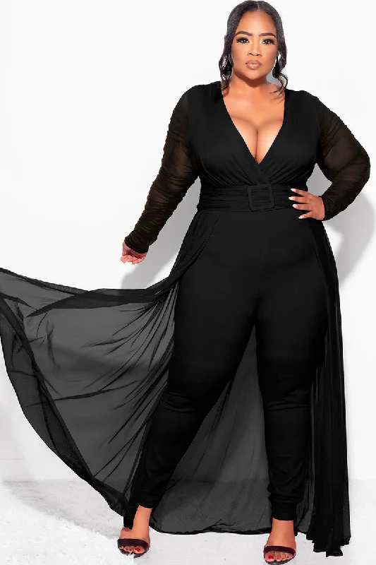 Final Sale  Plus Size Mesh Ruched Sleeve Jumpsuit with Attached Long Skirt in BlackLarge women's waist-baring tops