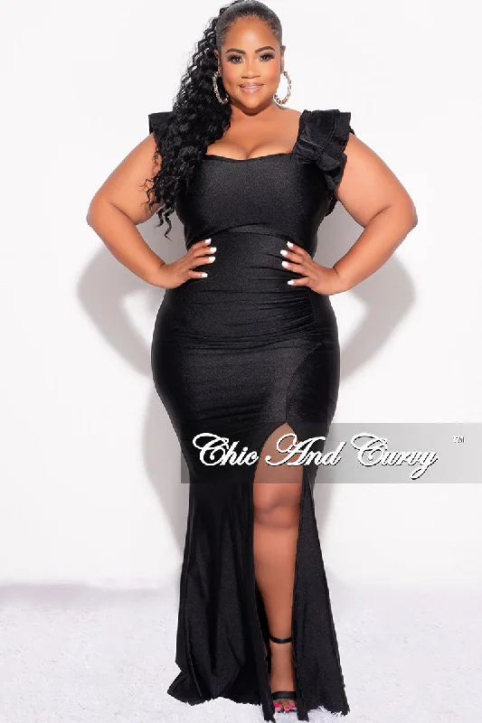 Final Sale Plus Size Shiny Faux Wrap Gown with Slit and Ruffle Layer Sleeves in BlackWomen's fitness tops