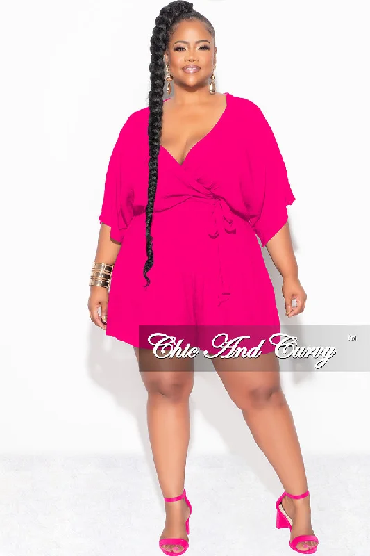 Final Sale Plus Size Faux Wrap Romper with Tie in FuchsiaWomen's wedding tops