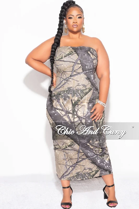 Final Sale Plus Size Strapless Dress with Back Slit in Brown and Grey CamoLarge women's long tops