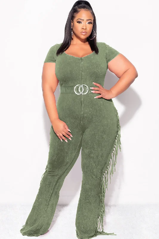 Final Sale Plus Size Fringe Jumpsuit in OliveLarge women's velvet tops