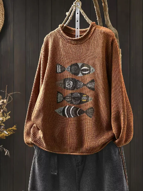 Women Autumn Artsy Fish Print O-Neck SweaterSilk Knit Tops