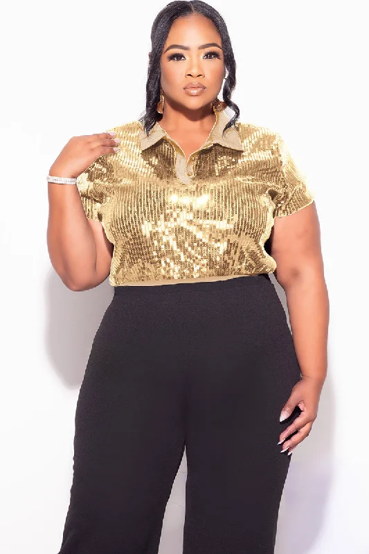 Final Sale Plus Size Collar Sequin Top in GoldWomen's autumn tops