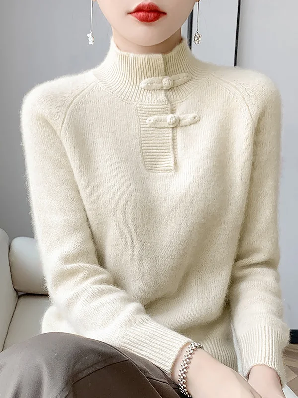 Women Retro Solid Winter Wool Half-Turtleneck SweaterOff-Shoulder Knit Tops