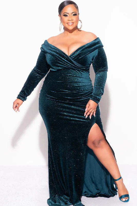 Final Sale Plus Size Glitter Off the Shoulder Velvet Gown with Slide Slit in Hunter GreenPlus size women's silk tops