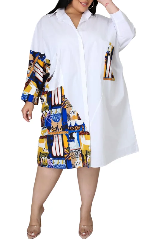 Final Sale Plus Size Shirt Dress with Blue & Yellow Kitty PrintKnit Shirt