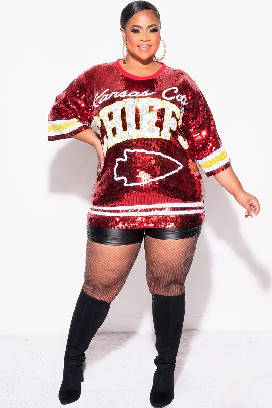 Final Sale Plus Size Sequin Kansas City Chiefs Jersey Top in Red White and GoldPlus size women's casual tops