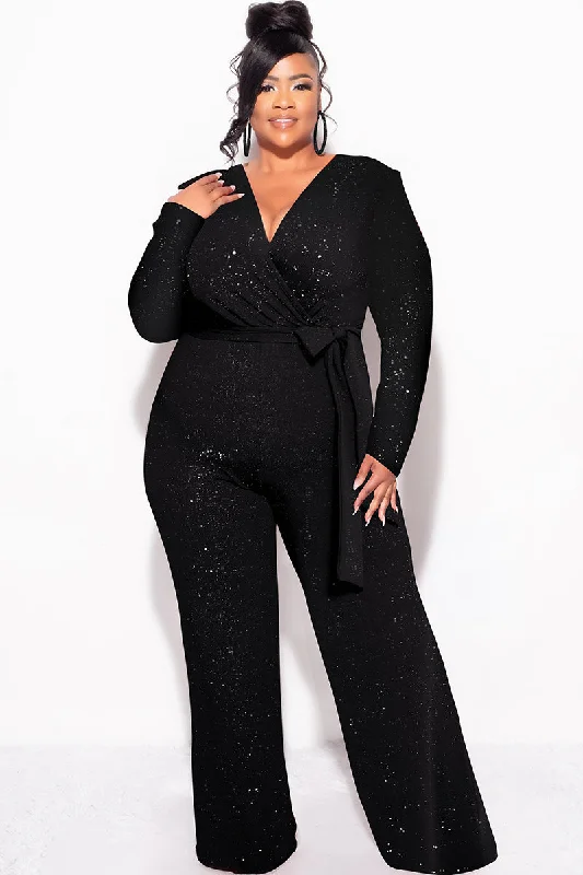 Final Sale Plus Size Long Sleeve Faux Wrap Jumpsuit with Attached Tie in Black Glitter FabricPlus size women's retro tops