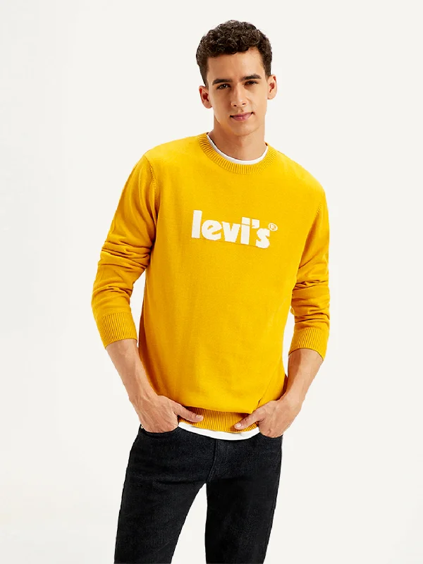 Men's Brand Logo Yellow Crew Neck SweaterBeaded Knit Tops