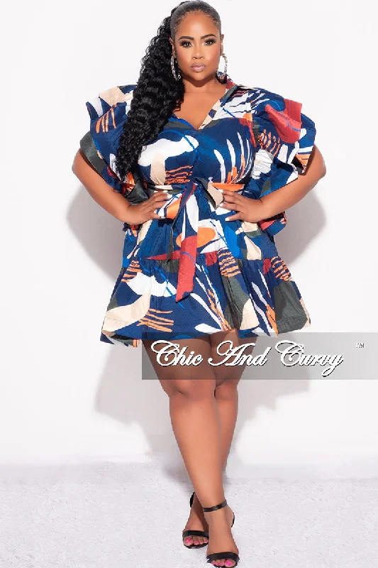 Final Sale Plus Size 3-Tiered Button Up Baby Doll Dress with Flutter Sleeves in Navy Orange and Olive MultiColor PrintWomen's summer tops