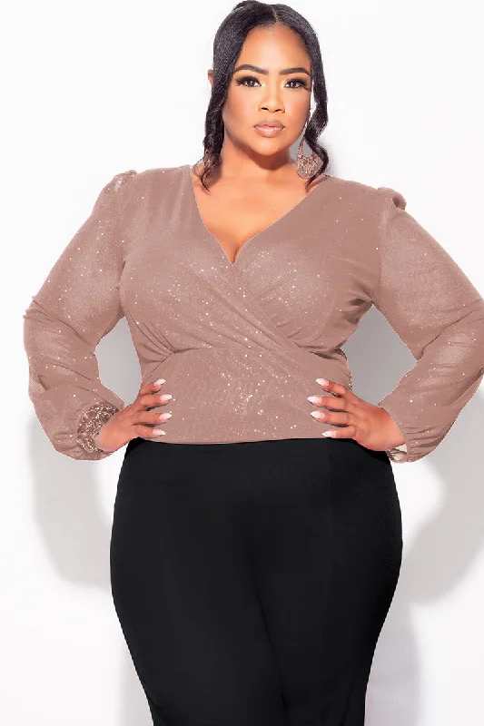 Final Sale Plus Size Sheer Glitter Faux Wrap Top in TanLarge women's warm tops