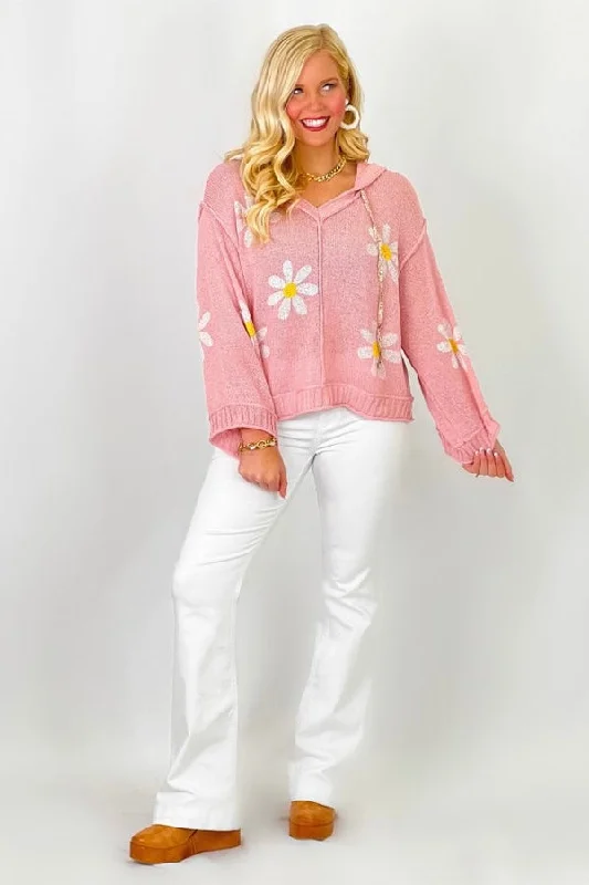 Strawberry Milk V-Neck Floral Print Hoodie SweaterFringed Knit Tops