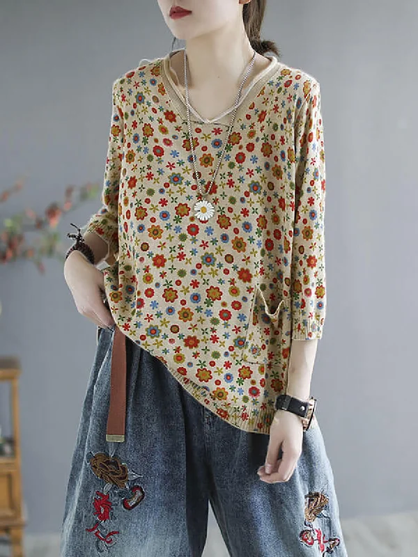 Plus Size Floral Spring Knitted Casual Print Pocket SweaterLayered Knit Tops