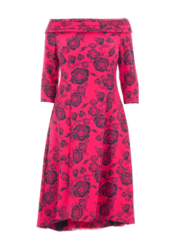 Cassandra Sinels Jacquard Rose Fit and Flare Dress, Magenta