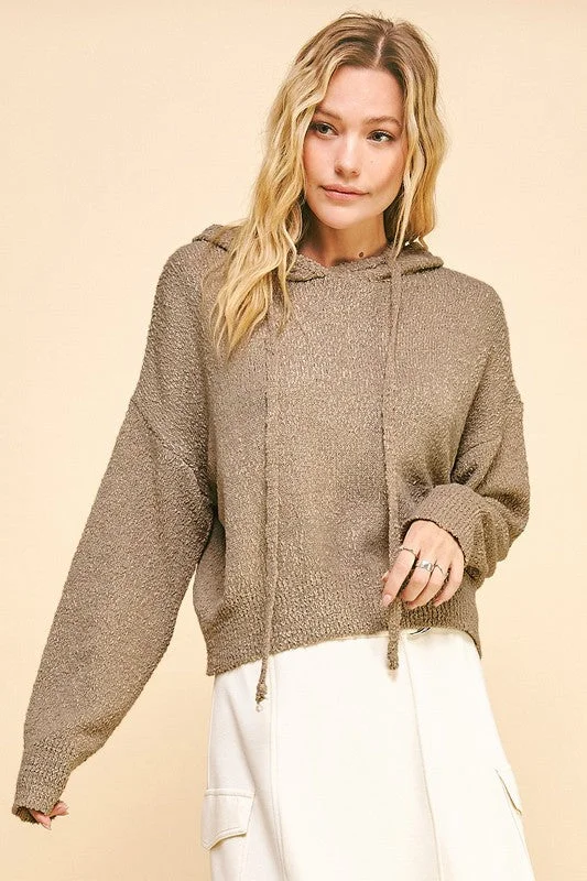 Taupe Drop Shoulder Long Sleeve Hooded SweaterStriped Knit Tops