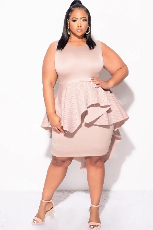 Final Sale Plus Size BodyCon Sleeveless Dress with Peplum Tail in Cappuccino with Gold ZipperWomen's beach tops