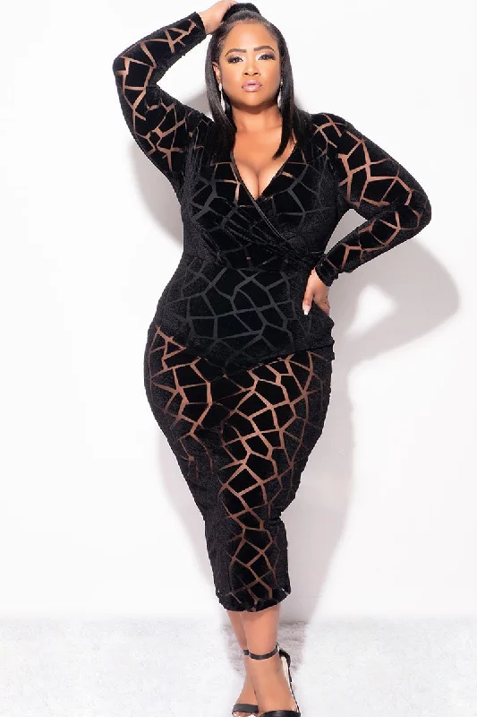 Final Sale Plus Size Sheer Long Sleeve Faux Wrap BodyCon with Waist Tie and Back Slit in BlackLarge women's waist-baring tops