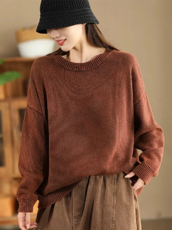 Women Autumn Casual O-Neck Pure Color Knit SweaterTasseled Knit Tops