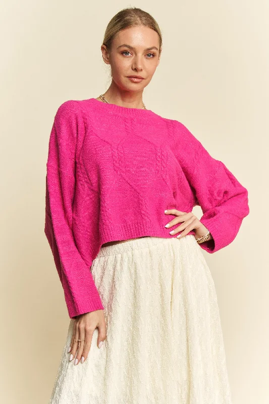 Pink Diamond Cable Pattern Drop Shoulder SweaterHemp Knit Tops