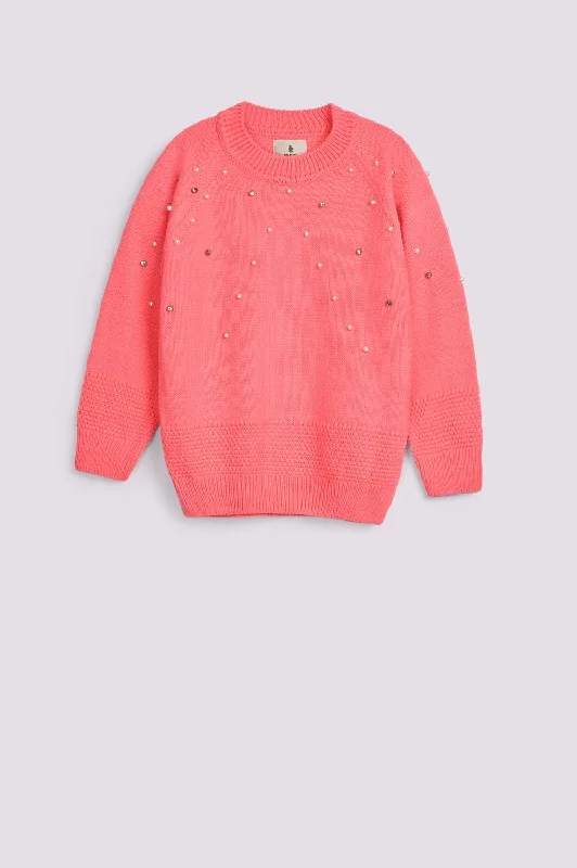 GIRLS REGLAN SLEEVE EMBELLISHED SWEATERPocketed Knit Tops