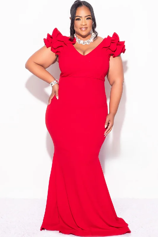 Final Sale Plus Size Gown with Layered Sleeves in Solid Red (Non-Glitter Fabric)Large women's sweat-wicking tops