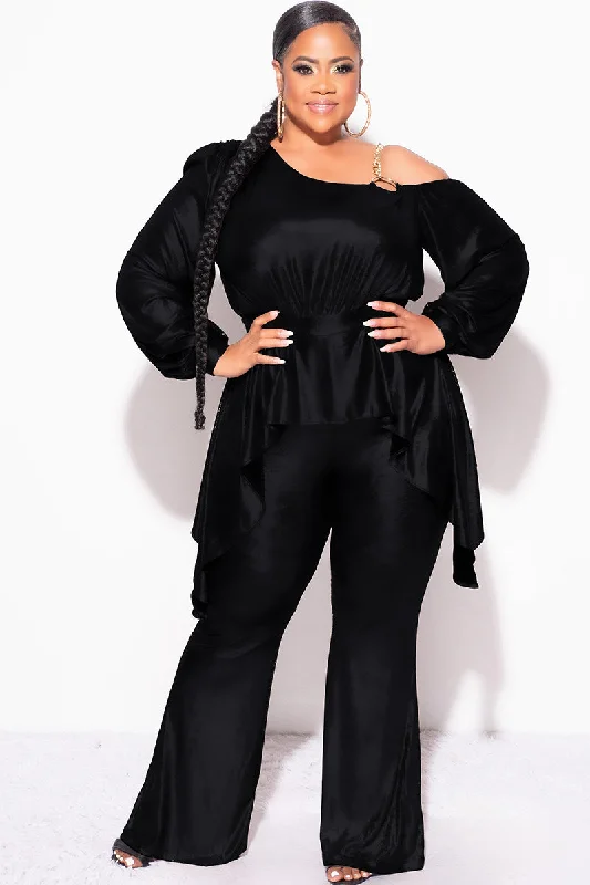 Final Sale Plus Size Cold Shoulder with Gold Chain & Asymmetrical Ruffle Peplum Jumpsuit in BlackWomen's beach tops