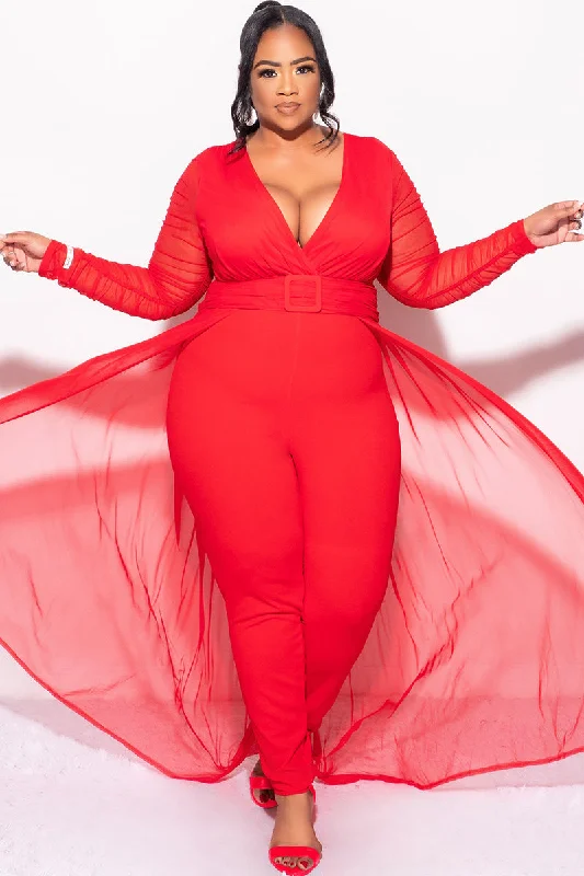 Final Sale Plus Size Mesh Ruched Sleeve Jumpsuit with Attached Long Skirt in RedLarge women's cardigan tops