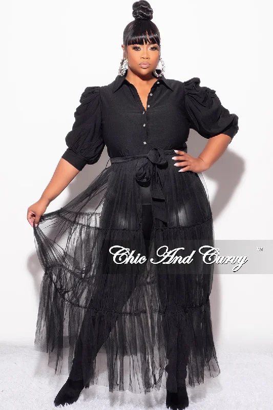 Final Sale Plus Size Puffy Sleeve Button Up Top with Mesh Train in BlackKnitted Top