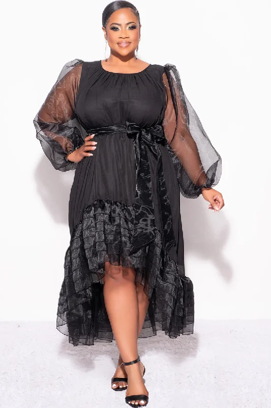 Final Sale Plus Size Chiffon Ruffle Highlow Dress with Tie in BlackWomen's commuter tops