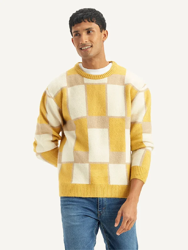 Men's Geometric Yellow Crew Neck SweaterOutdoor Knit Tops