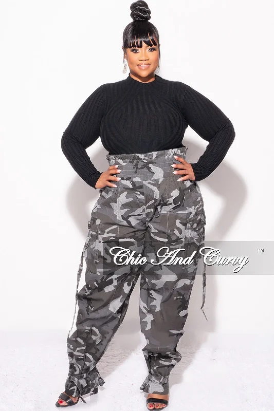 Final Sale Plus Size Camo Paperbag Pants with Elastic Waist in Grey CamouflagePlus size women's retro tops