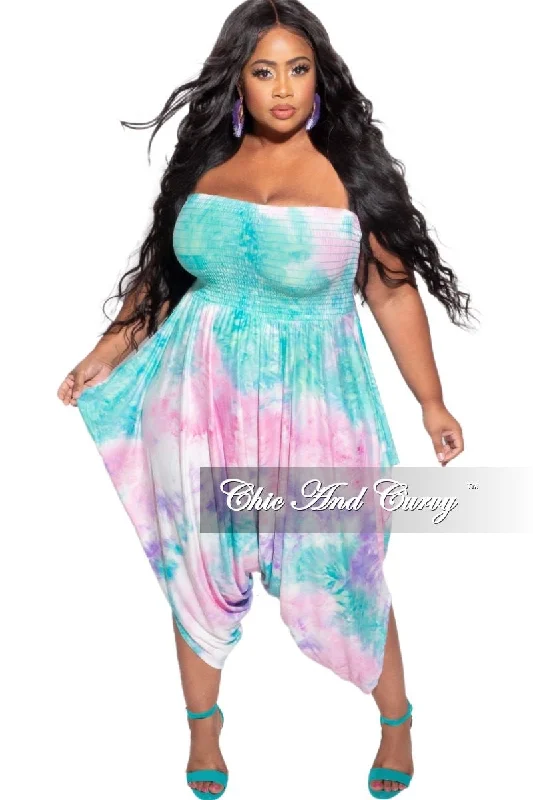 Final Sale Plus Size Strapless Smocked Harem Jumpsuit in Aqua Purple Pastel Tie DyeWomen's commuter tops