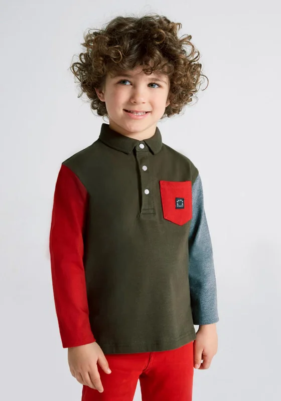 Wedding polo shirtMayoral Boy Combined Long Sleeve Polo Shirt, Forest Green