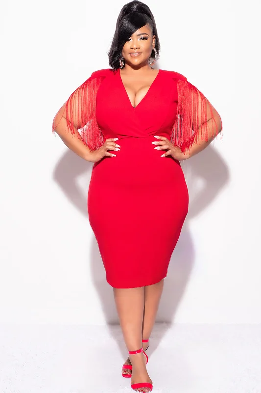 Final Sale Plus Size Faux Wrap Fringe Shoulder BodyCon Dress in RedKnit Top