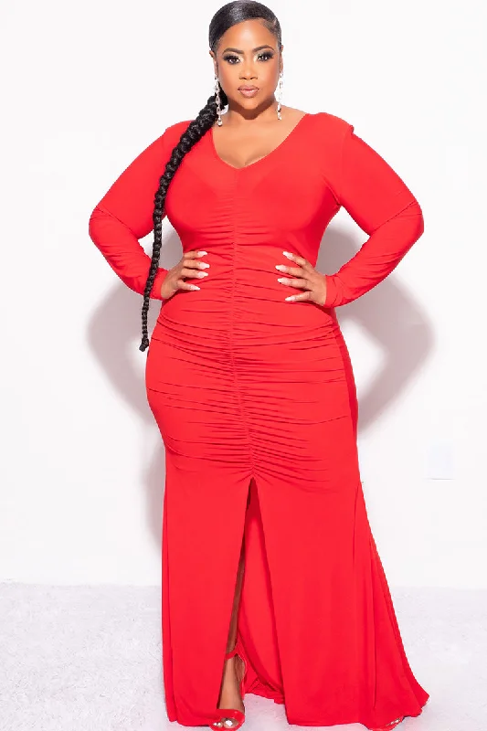 Final Sale Plus Size V-Neck Gown with Center Ruching and Slit in RedPlus size women's work tops