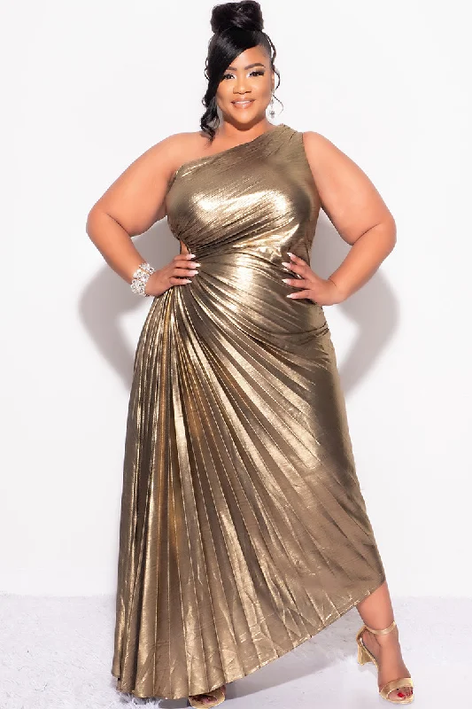 Final Sale Plus Size One Shoulder Asymmetric Pleated Dress with Cut Out in Metallic BronzeWomen's luxury tops