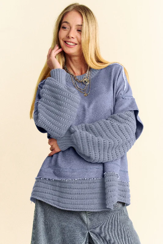 Dusty Blue Faux Layered Round Neck SweaterPolyester Knit Tops