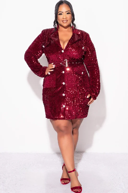 Final Sale Plus Size Sequin Blazer Dress with Rhinestone Buttons in BurgundyPlus size women's street style tops