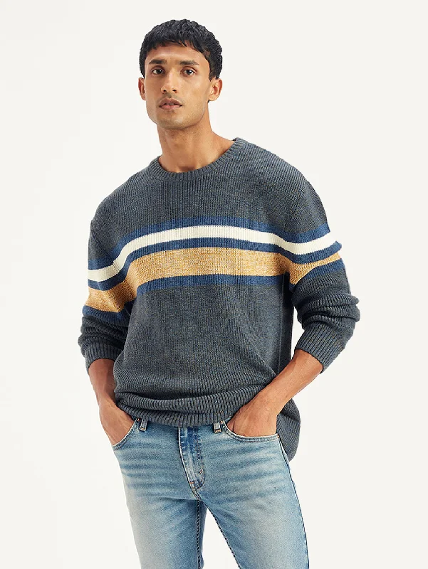 Men's Striped Grey Crew Neck SweaterCycling Knit Tops