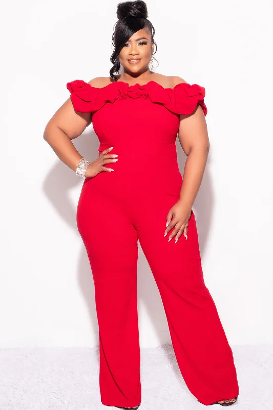 Final Sale Plus Size Off the Shoulder Ruffle Trim Jumpsuit in RedWomen's affordable tops