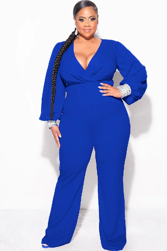 Final Sale Plus Size Faux Wrap Collar Jumpsuit with Sheer Sleeves and Rhinestone Cuffs in Royal BlueLarge women's loose tops