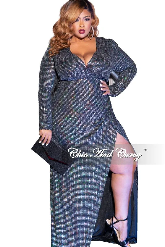 Final Sale Plus Size Faux Wrap Mirror Ball Gown in Silver IridescentFashionable plus size women's tops