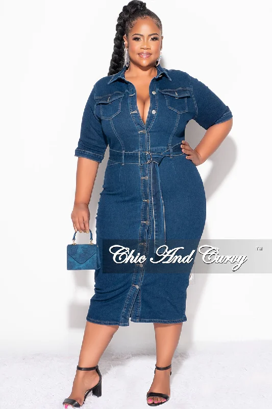 Final Sale Plus Size Collar Button Up Dress with Front Slit in Dark DenimPlus size women's knitted tops