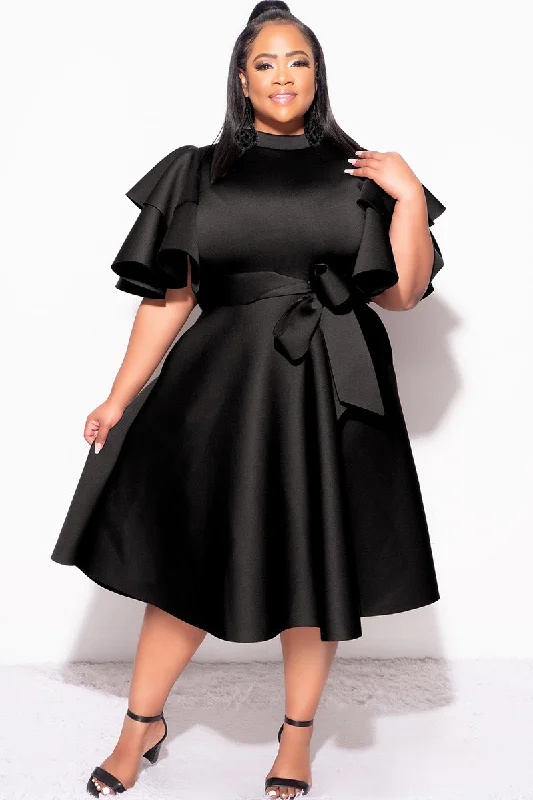 Final Plus Size Dress with Ruffle Sleeve and Tie in Black ScubaPlus size women's denim tops