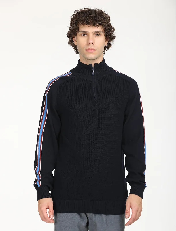 Men's Striped Navy High Neck SweaterWork Knit Tops