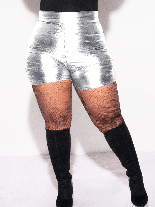 Final Sale Plus Size Faux Leather Shorts with Ruched Sides in SilverKnit Tee