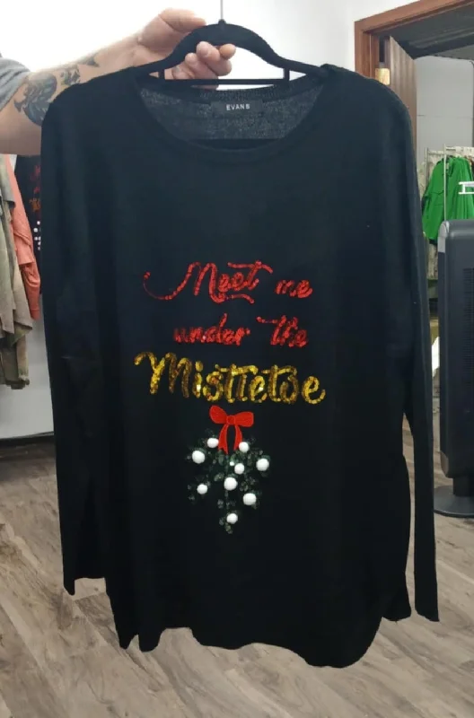 Black Mistletoe Sequin Holiday Sweater Shirt TopRunning Knit Tops