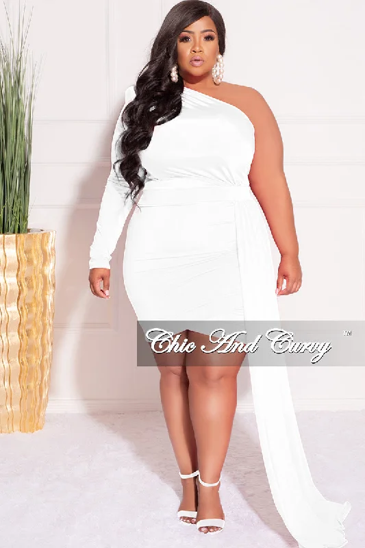 Final Sale Plus Size One Sleeve Long Sash Dress in WhiteWomen's home tops